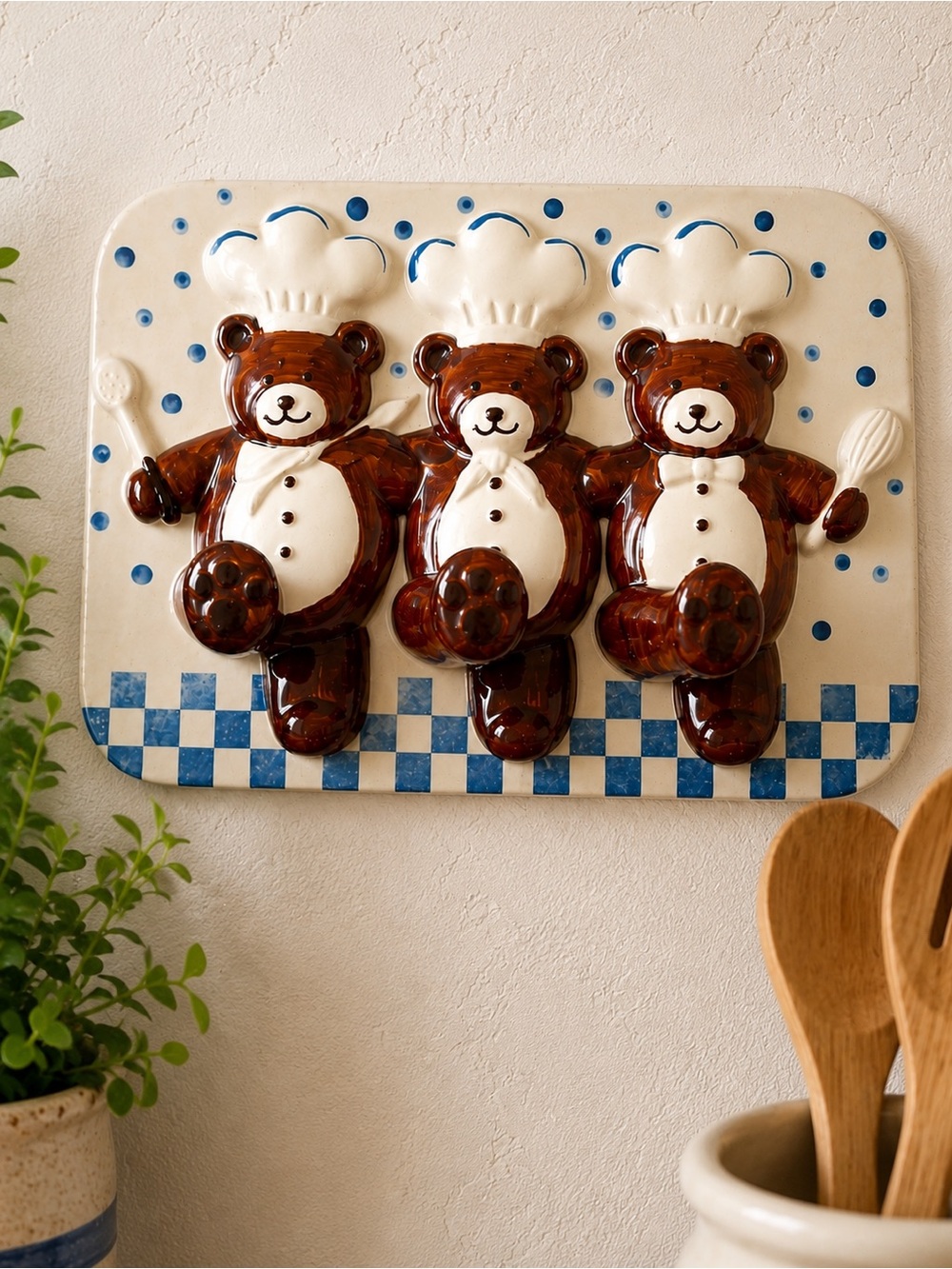 Vintage B&D Japan Ceramic Chef Bears Kitchen Towel Holder Wall Decor